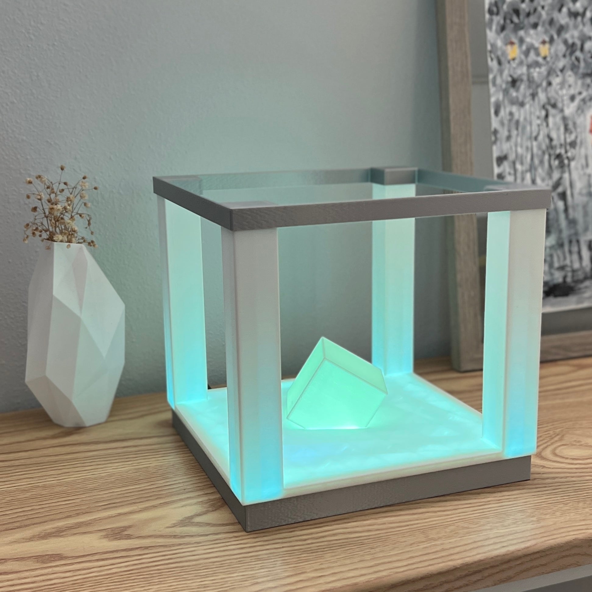 Square LED Table Lamp with Remote Control | 3d Printed Bedside Lamp | Silk Silver Color