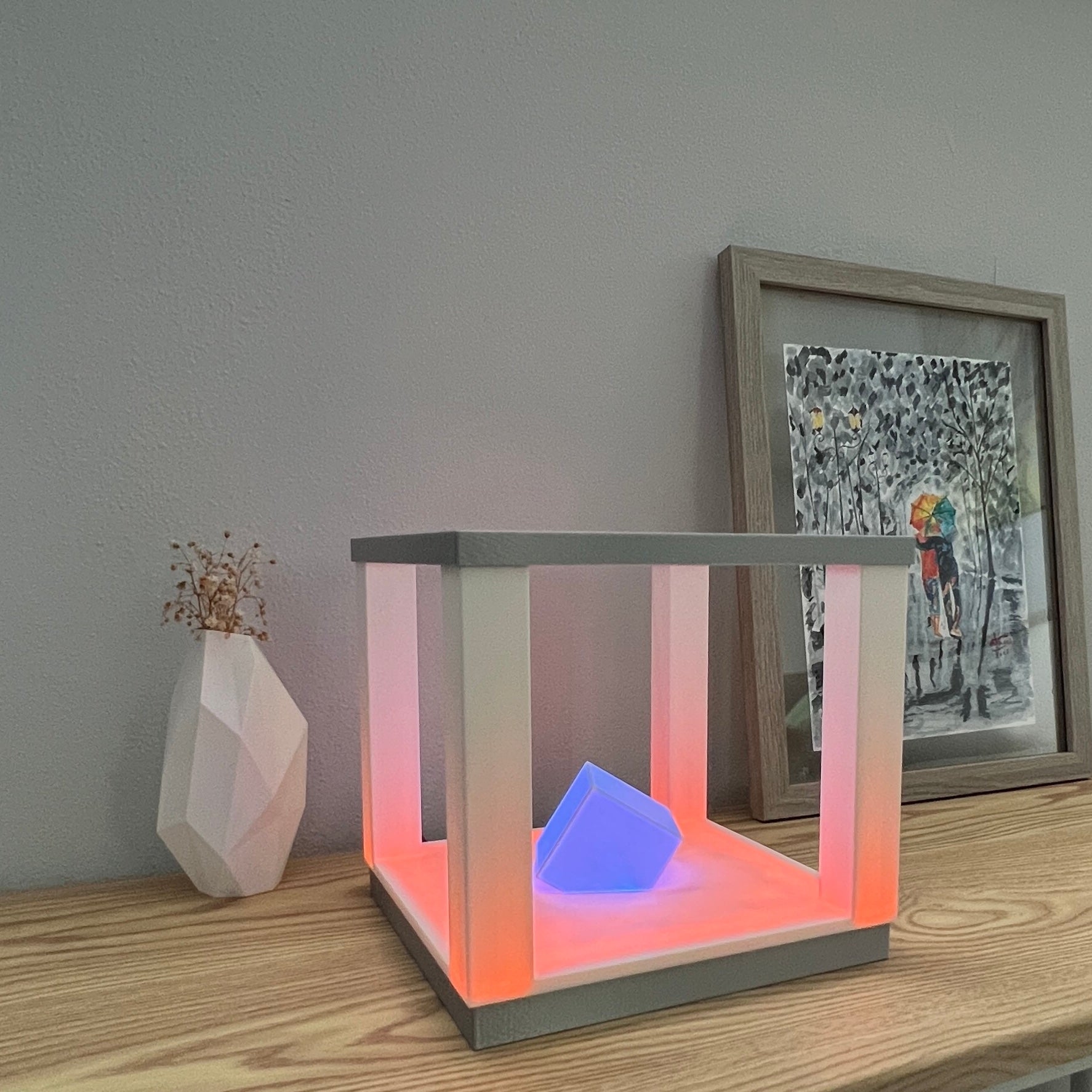 Square LED Table Lamp with Remote Control | 3d Printed Bedside Lamp | Silk Silver Color