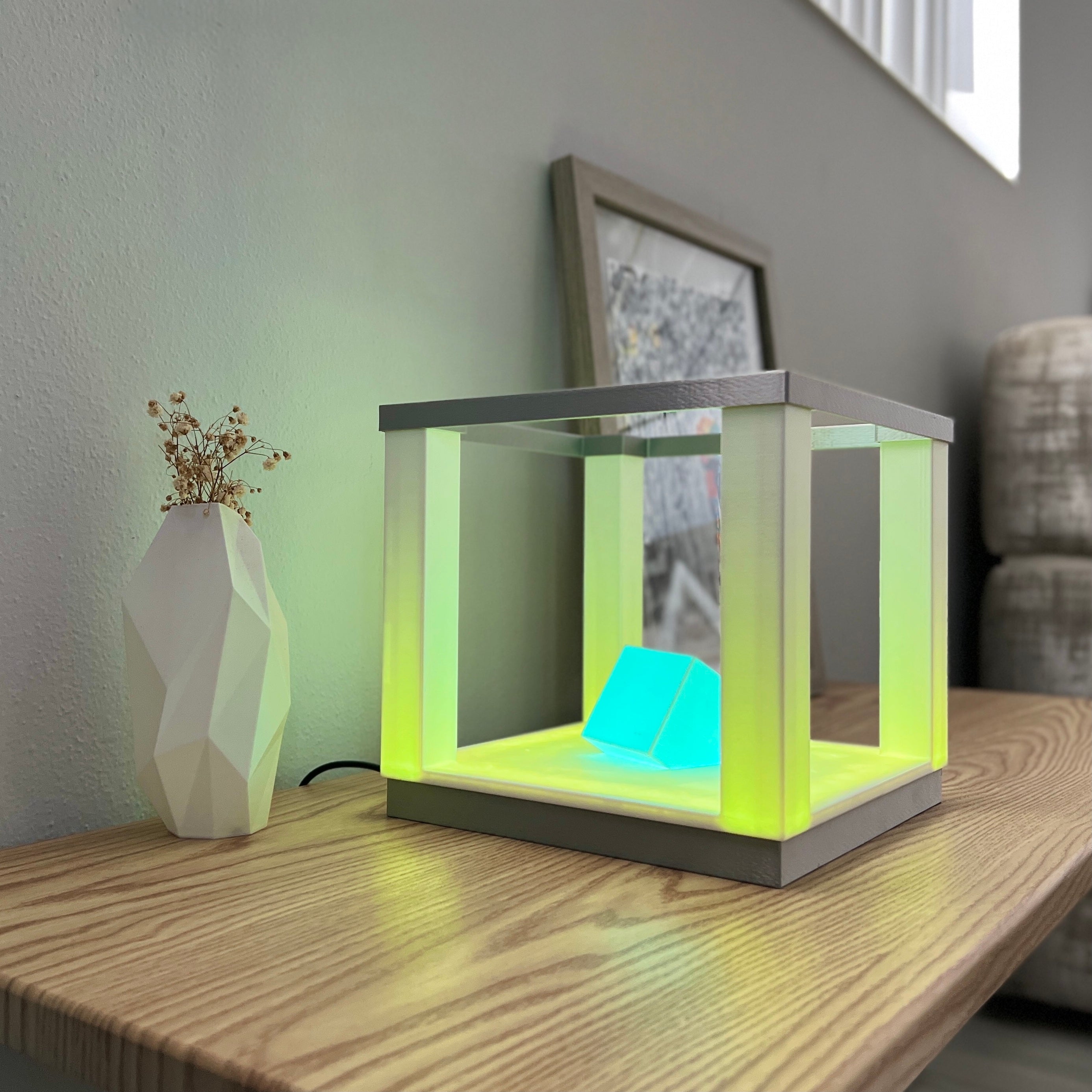 Square LED Table Lamp with Remote Control | 3d Printed Bedside Lamp | Silk Silver Color